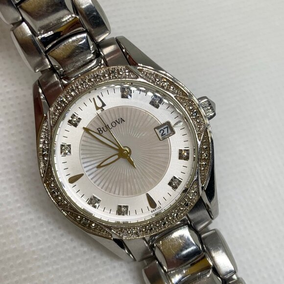Bulova Diamonds date women’s watch Silver Tone mop Dial  c660844 size 6” running main image 7